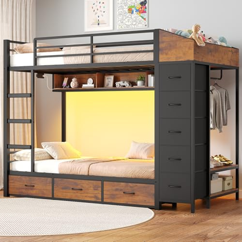 VIAGDO Bunk Bed Twin Over Twin with 8 Storage Drawers and Power Outlets, LED Twin Bunk Beds with Hall Tree and Shelves, Metal Bunk Beds with Safety Guardrail & Ladder for Dorms, Kids, Black