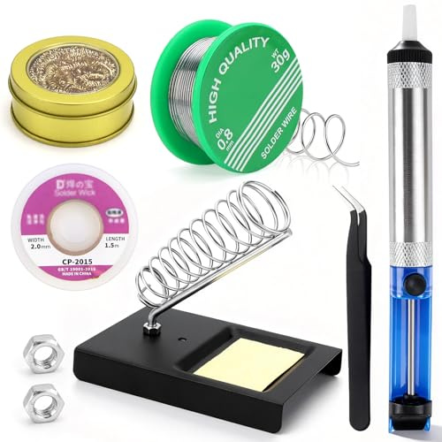 Erzekrim Lötwerkzeug Set 6-teilig, Lötzinn, Entlötpumpe, Entlötdocht, Lötspitzenreiniger, Lötkolbenständer mit Schwamm, Gebogene Pinzette, Lötzubehör für Reparatur, Elektrolöten, Heimwe