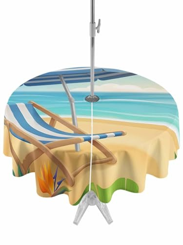 Welcome Summer Beach Round Outdoor Table Cloth with Umbrella Hole Zipper, Coastal Watercolor Ocean Sky Flower Lounger Leaf Waterproof Dining Tablecloth for Patio Garden Party Picnic Camping, 54