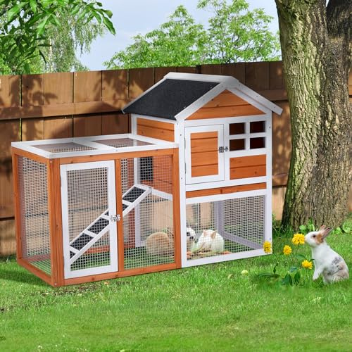 BreezTerra Poulailler en Bois, poulailler 2 poules, clapiers adaptés à une utilisation intérieure et extérieure, Équipé d'un toit étanche et d'une porte verrouillable, 120x 52 x 90 cm, Orange et blanc