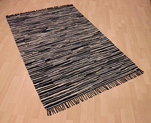 MB Warenhandel24 Handwebteppich Fleckerlteppich gestreift 100% Baumwolle Handweb Teppich Fleckerl Waschbar NEU (ca. 140x200 cm, Schwarz gestreift)