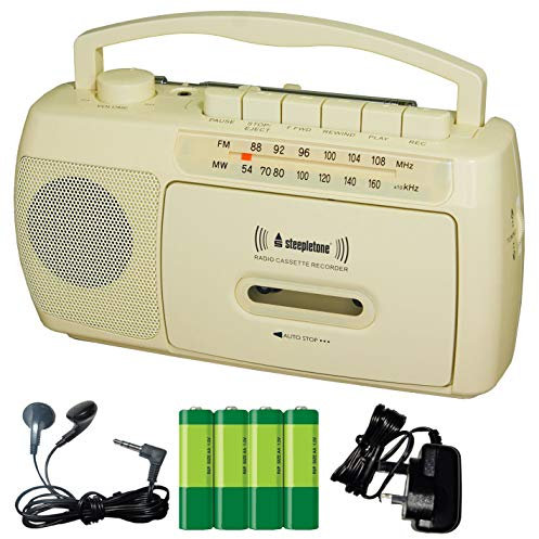 Portable Radio Cassette Tape Recorder Player, Mic, Earphones, Electric & Battery (Cream)