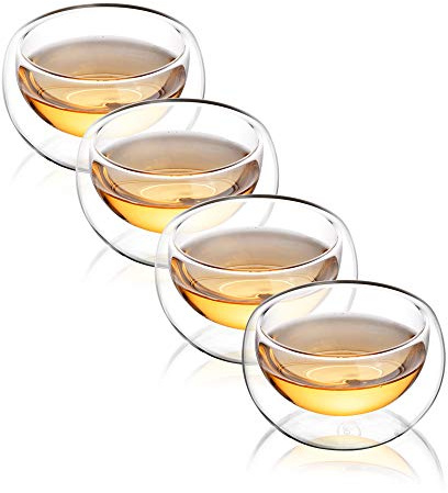 CNGLASS Tea Cups Set of 4 Double Wall Glass Tea Cup, 5.1oz Asian Insulated Clear Teacups 150ML,Small Espresso Cup for Coffee