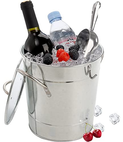 YOUEON Eiskübel mit Deckel und Schaufel, Set für Hausbar, 4 l, verzinktes Metall, Getränkewanne mit Tragegriffen, doppelwandiger Wein- und Bierkühler, Getränkewanne für Partys, Picknicks, Camping