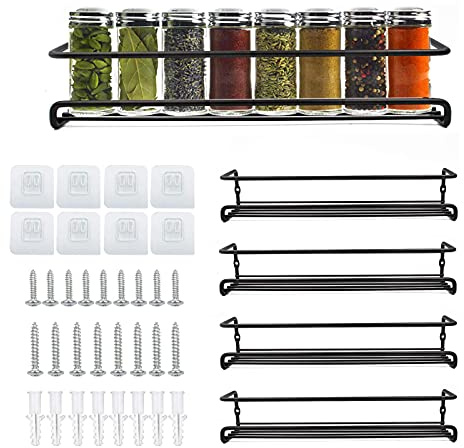 Demoyaya 4 Pack Spice Rack Organiser Wall Mounted, Spice Rack Shelves with Adhesive or Screw Mountable, Storage Bottles Seasoning Organizer for Kitchen Pantry Cupboard Door