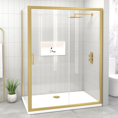 1000 x 760mm Brushed Brass Sliding Door Shower Enclosure with Side Panel Reversible 6mm Easy Clean Safety Tempered Glass Shower Cubicle Screen