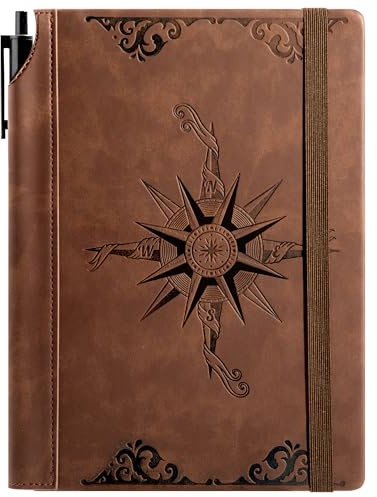 CAGIE Compass Leather Journal for Men Women, A5 Lined Notebook Writing Gift