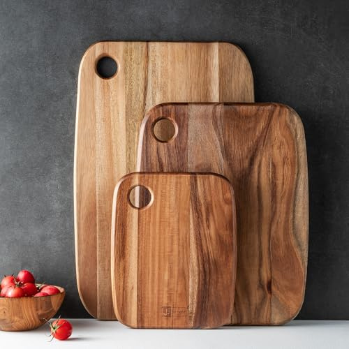 Solid Acacia Wood Chopping Board Set of 3 – Non-Toxic Large Wooden Cutting Boards for Kitchen, Heavy Duty Chopping Board Set with Butcher Block, Serving Trays for Meat, Fruit & Cheese – Gift Ready