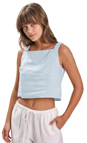 Amazhiyu Women's 100% Linen Vest Tops, Summer Square Neck Sleeveless Blouse