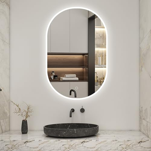 AICA Miroir Salle de Bain Ovale 50 x 80cm, 3 Couleurs + dimmable + Anti-buée + mémoire, Miroir Lumineux LED