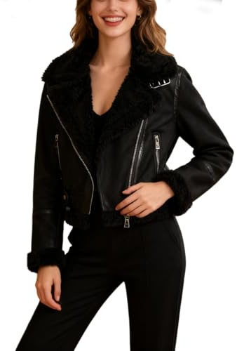 Giacca in Pelle Giacca in Finta Pelle Giacca in Pile Elegante Cappotto Invernale Caldo Giacca da Motociclista Giacca Invernale Giacca da Volo con Risvolto Cappotto Corto con Cerniera per Donna