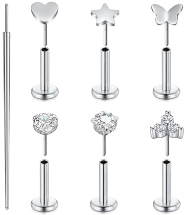 Longita 6 Pcs Lip Studs Labret Bars - Stainless Steel Lip, Nose & Ear Piercing Jewelry (6mm & 8mm) - Heart, Star, Butterfly & CZ Studs for Tragus, Helix, Cartilage, Hypoallergenic Body Jewelry