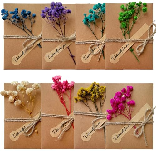 DOKRIN Biglietti di auguri 8 buste per cartoline di auguri, inviti in busta kraft vintage, confezione di biglietti di compleanno con fiori secchi in kraft vintage, adatti per matrimoni
