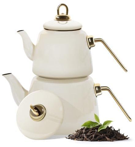 Homelux Teapot Set, Kettle Induction Teapot Made of Enamel, Suitable for Induction Cookers, 2L + 1L, Turkish Teapot, Caydanlik, Cream
