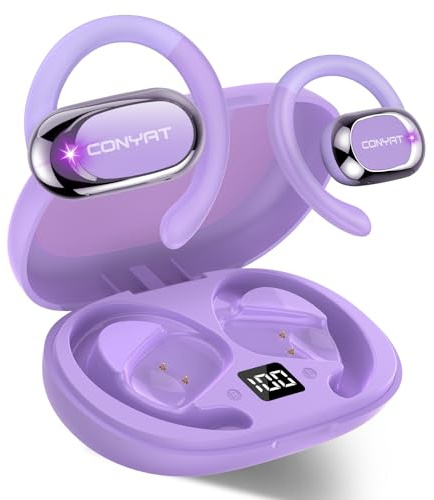 HiFi Estéreo Cascos Inalámbricos, Ganchos Giratorios para Orejas, 2025 Auriculares Oreja Abierta, 58H Auriculares Deportivos Bluetooth 5.4, IPX7 Impermeable para Fitness Correr, Llamada ENC, Morado