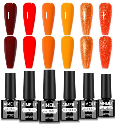 AIMEILI Fall Gel nagellack set 6 st, grymhetsfri, vegan, blötlägg av UV LED gelnagellack vinröd orange röd nagelkonst manikyr för kvinnor – kit 106