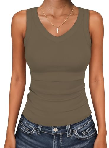 Cuptacc Débardeur d'été décontracté pour femme, col en V, coupe ajustée, sans manches, extensible, basique