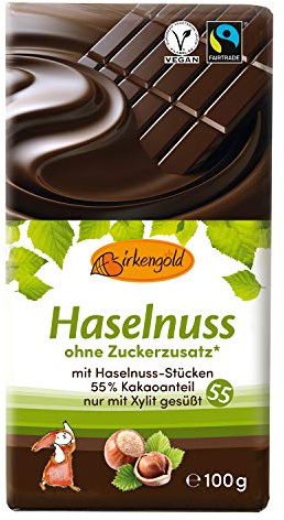 Birkengold Haselnuss Schokolade 100 g | ohne Zuckerzusatz | 55 % Kakaoanteil | nur mit europäischem Xylit gesüßt | fairtrade | vegan