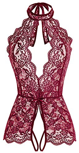 Ababoon Women One Piece Lingerie Lace Sexy Baby Dolls Teddy Sleepwear (Wine Red, L)