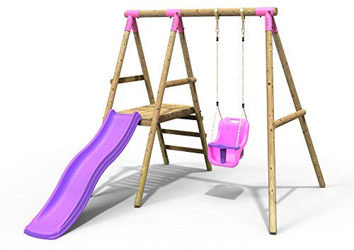 Rebo® Cassini Wooden Swing Set with Platform and Slide - Cassini Pink | OutdoorToys | Baby Swing Seat, Sturdy Wooden Construction, Pressure Treated Timber