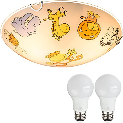 bmf-versand Kinderzimmer Lampen Decke Mädchen Jungen mit LED - Deckenleuchte E27 - Deckenlampe 2 Flammig Weiß Bunt - Kinderzimmerlampe Kinder Tiere - Babyzimmer Lampe Zoo - Rund Ø 30 cm