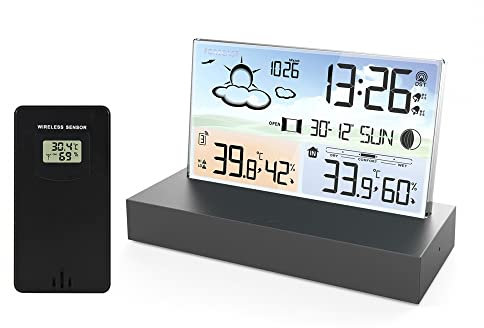 Wetteruhr Set,Drahtlose Wetterstation Digitalanzeige Temperaturvorhersage für Innen- und Außentemperaturmessung
