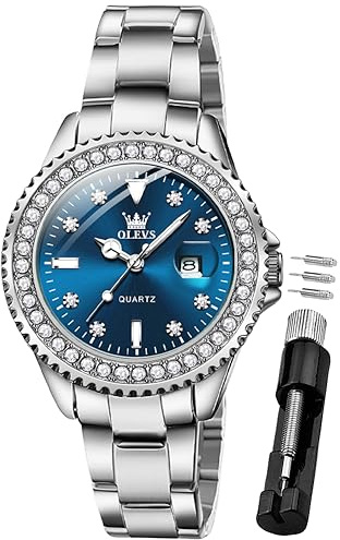 OLEVS Damenuhr Diamant Analoge Armbanduhr mit Kleines Blau Gesicht Silber Edelstahlband wasserdichte Frauen Uhr Geschenk Sale Marken