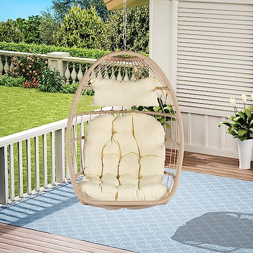 Finca ancha Rattan Egg Chair Hanging Lounger with Stand Indoor Outdoor - Swinging Chair, Indoor Hammock, Amacas para Patios para Adultos for Patio, Backyard, Living Room (Khaki)
