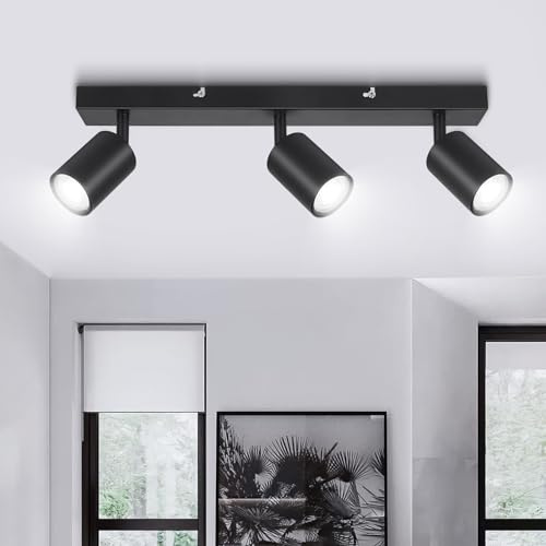Ketom Faretti LED Soffitto GU10, Faretto LED Interno Orientabile 3 Luci | Binario Faretti Soffitto Nero, Moderno Lampadario Faretto Cucina, Faretti da Soffitto, Senza Lampadina