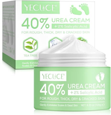 Urea-Fußcreme, Urea-Creme 40 Prozent für die Füße, mit Hyaluronsäure, Teebaum und Aloe Vera, Fersenbalsam zur Hornhautentfernung und Erweichung, für trockene, rissige Füße, Fersen und Hände (120 g)