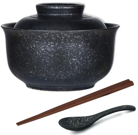 Aegistus Ramen Bowl, Ceramic Ramen Bowl Set with Lid, 750 ml Soup Bowls, Pho, Japanese Vintage Ramen Bowl for Cereals, Soup, Asian Tableware, Microwave and Dishwasher Safe (Black)
