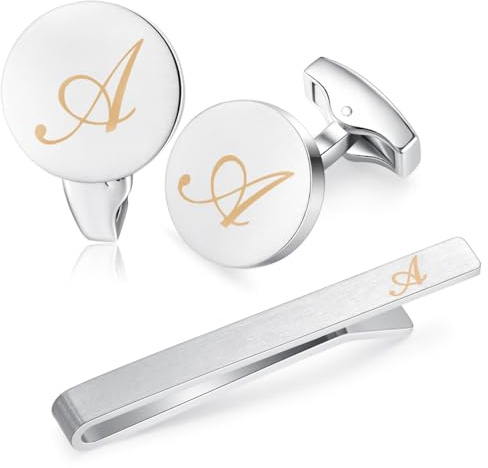 HONEY BEAR Carta Inicial Alfabeto Gemelos & Clip Pasador de Corbata Pisacorbatas para la Camisa de los Hombres Regalo de Boda del Negocio Plata (A engrosar)