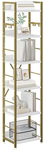 YITAHOME Libreria a 6 ripiani, libreria industriale, struttura in metallo e ripiani in legno, scaffale alto con 4 ganci, scaffale per libri e organizer per soggiorno, casa, ufficio, oro