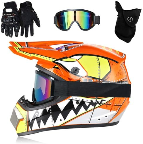 Casque de Motocross Pour Jeunes, Casque de Moto Pour Enfants, MX, Quad, Enduro, Dirt Bike, Casque de Moto IntéGral Pour Adultes, avec Lunettes, Masque, Gants(Orange teeth,S(52-53cm))