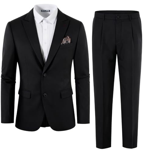 Classic Business Mens 2 Piece Suit Set Notched Collar Formal Blazer with Pants Black L