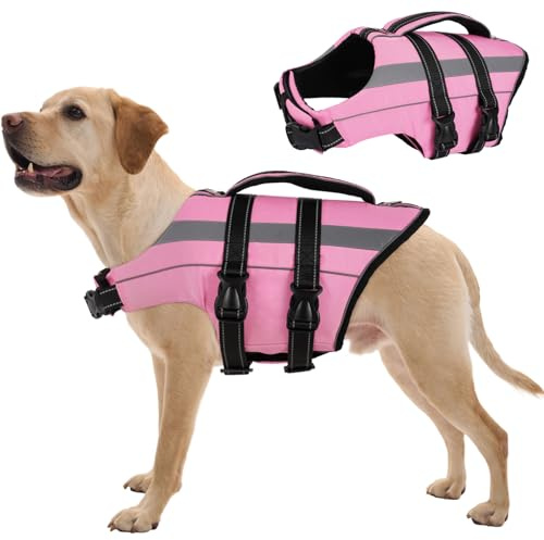 FUAMEY Dog Life Jacket Reflective, Dogs Life Vest with D-Rings & Handle, Adjustable Dog Lifejacket, Dogs Life Preserver Swimming Boating, Pink, L