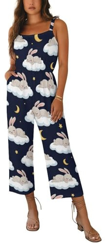 iiceop Sleeping Rabbit Women's Jumpsuits Casual Wide Leg Overalls with Pockets Loose Fit Sleeveless Rompers 3XL
