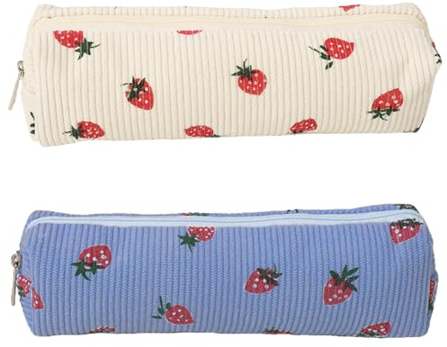 FENGCHUANG 2 Pièces Trousse Crayons 21x4,5x5,5cm Blanc/Bleu à Motif Fraise Pencil Case avec Fermeture à Glissière Trousse Multifonctionnelle Sac de Rangement Convient aux École Bureau