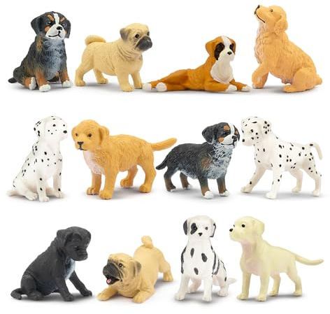 Toymany 12PCS Mini Dog Figurines Playset, Realistic Detailed Plastic Puppy Figures, Hand Painted Emulational Tiny Dogs Animals Toy Set, Cake Toppers Christmas Birthday Gift for Kids Toddlers