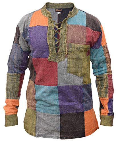 Gheri Mens Patchwork Lace Up Grandad Stone Washed Shirt