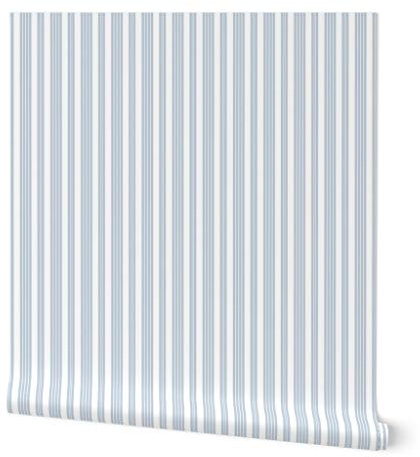 Peel & Stick Wallpaper 3ft x 2ft - French White Stripe Pinstripe Blue Custom Removable Wallpaper by Spoonflower
