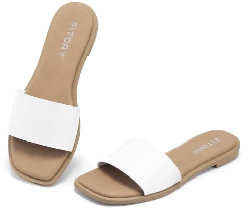 FITORY Women's Slide Sandals Fashion Square Open Toe with Cushioned Footbed Slippers for Beach Size 8 White
