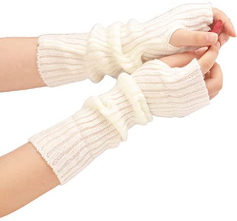 Mumuve Gants, manches de bras tricotées avec trou pour le pouce, gants d'hiver chauffe-bras longs demi-doigts, mitaines extensibles de couleur unie, blanc, 30cm long