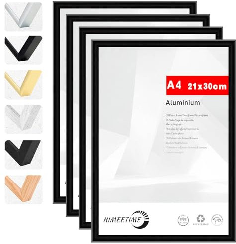 HIMEETIME® 4x Bilderrahmen A4 21x30 cm Schwarz Metall Rahmen,Dokumentenrahmen 21x29,7 cm Klein Collage, Metallrahmen Alu-Bilderrahmen Aluminium, Picture Frame A4 Fotorahmen