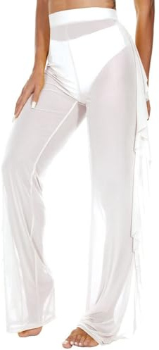 ROSVAJFY Pantalon Femme Sexy Volants Maille Transparent De Bain Filet Taille Haute Long D'été Couvre Costume Bikini Cover-Up Large Plage Rave Fête Clubwear, Blanc, M