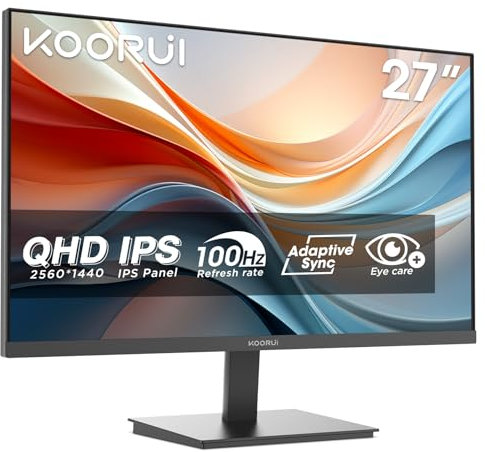 KOORUI E2721F Monitor QHD 27 IPS, 100Hz, MPRT 1ms, Pantalla Ultra Fina y Ligera (2560x1440, 99% SRGB, 95% DCI-P3, HDR10, HDMI 1.4 / DP 1.4, Adaptive Sync, Eye Care, Inclinable, VESA)
