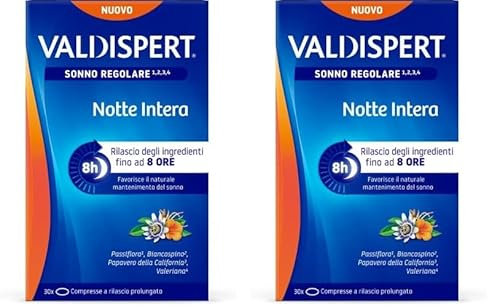 Valdispert Notte Intera, 30 Compresse a Lento Rilascio per il Sonno Regolare con Valeriana, Passiflora, Biancospino e Papavero della California, Senza Glutine e Senza Lattosio (Confezione da 2)