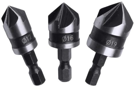 3 Pieces Hex Shank 5 Flute 90 Degree Chamfering Countersink Drill Bit Set,12mm/16mm/19mm Countersink Drill Bit 5 Flute 90 Degree Woodworking Countersink Bits