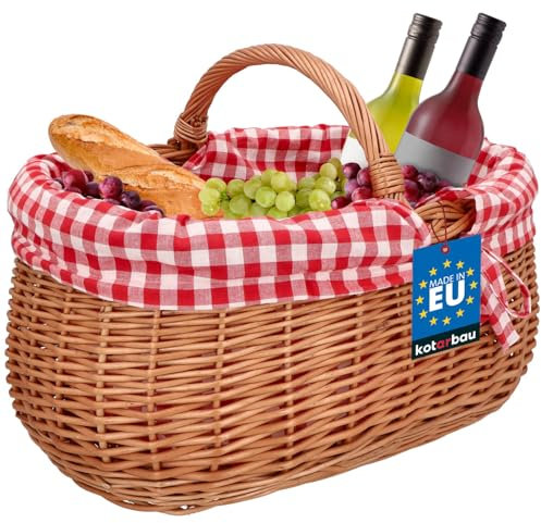 KOTARBAU® Panier de pique-nique en osier - 46 cm - Couleur naturelle - Avec insert en tissu rouge à carreaux rouges - Panier cadeau de Pâques - Vide - Avec anse - Panier de pique-nique tressé pour