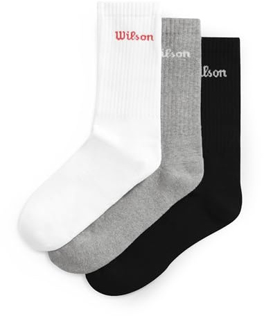 Wilson Calcetines Crew Logo Pack 3 Pares, Puntera Sin Costuras, Soporte del Arco y Amortiguación Superior, Punto Transpirable Con Acabado de Control de Olor, Color: Variado, Talla: M